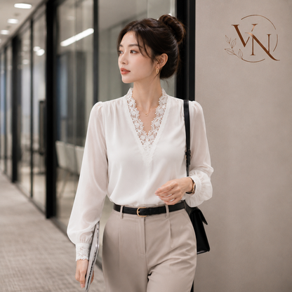 ARVÉNA™｜シアーシフォンブラウス・レースディテール・上品スリムシルエット
