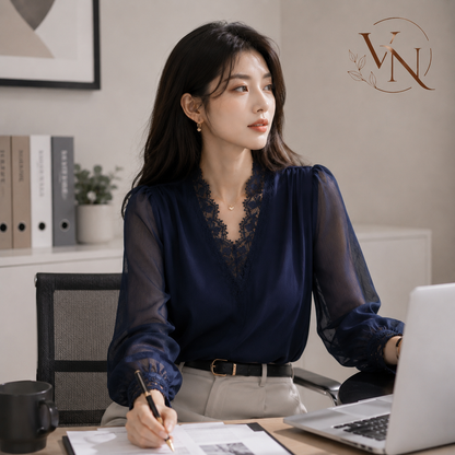 ARVÉNA™｜シアーシフォンブラウス・レースディテール・上品スリムシルエット
