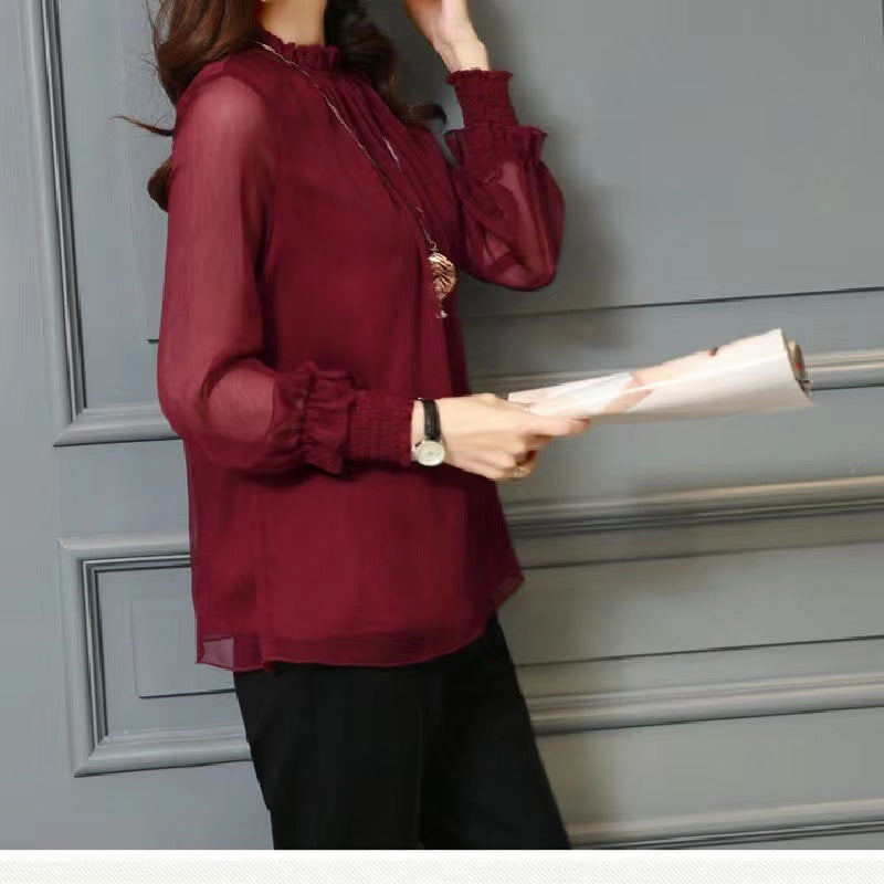 ARVÉNA™｜シアーシフォンブラウス・レースディテール・上品スリムシルエット